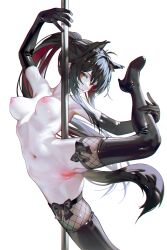 Rule 34 | 1girl, animal ears, arknights, arm up, bent back, black boots, black gloves, black hair, boots, breasts, commentary request, elbow gloves, expressionless, gloves, hair between eyes, high heel boots, high heels, highres, holding, holding pole, iumu, leather, leather boots, leather gloves, leg hold, leg up, legs apart, long hair, looking at viewer, medium breasts, nipples, nude, pole, pole dancing, ponytail, pussy, solo, spread legs, standing, standing on one leg, stripper pole, tail, texas (arknights), thigh boots, very long hair, wolf ears, wolf girl, wolf tail, yellow eyes