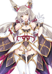 1girl animal_ears blunt_bangs breasts cat_ears chest_jewel cleavage commentary_request detached_sleeves facial_mark grey_hair highleg highleg_leotard highres leotard long_hair low_twintails nia_(blade)_(xenoblade) nia_(xenoblade) shinae simple_background small_breasts solo thighhighs twintails very_long_hair white_background xenoblade_chronicles_(series) xenoblade_chronicles_2 yellow_eyes