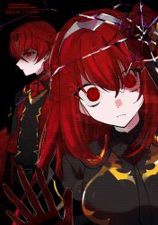 1boy 1girl absurdres breasts broken_glass dark_persona female_alear_(fell_dragon)_(fire_emblem) female_alear_(fire_emblem) female_alear_(red_days_past)_(fire_emblem) fire_emblem fire_emblem_engage glass gloves highres looking_at_viewer male_alear_(fell_dragon)_(fire_emblem) male_alear_(fell_dragon_child)_(fire_emblem) male_alear_(fire_emblem) medium_breasts nintendo official_alternate_costume red_eyes red_gloves red_hair rororotsu