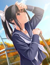 1girl arm_up autumn autumn_leaves black_hair blue_sailor_collar blue_sky blush bow broom brown_eyes chain-link_fence cloud collarbone day dutch_angle fence hair_bow hand_on_own_face hand_up highres holding holding_broom leaf lone_nape_hair long_hair long_sleeves looking_afar love_plus midriff_peek nape neckerchief official_art outdoors ponytail sailor_collar school_uniform serafuku sky solo takane_manaka tree upper_body white_neckerchief winter_uniform