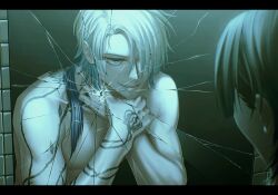 1boy blue_eyes blue_lock broken_glass broken_mirror glass grey_hair grin hair_over_one_eye highres looking_at_mirror male_focus mendokucha michael_kaiser mirror one_eye_covered reflection smile solo tattoo teeth
