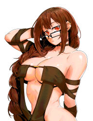 Rule 34 | 1girl, absurdres, arm strap, bare shoulders, black dress, blush, braid, braided ponytail, breasts, brown hair, center opening, choker, cleavage, collarbone, dress, earrings, fate/grand order, fate (series), glasses, highres, jewelry, large breasts, long hair, minew, red eyes, ribbon-trimmed dress, ribbon trim, solo, very long hair, yu mei-ren (fate), yu mei-ren (second ascension) (fate)