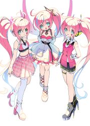 Rule 34 | 3girls, :d, absurdres, aqua eyes, arm tattoo, belt, black necktie, black shoes, black skirt, blue hair, closed mouth, colored inner hair, commentary, crop top, dress, facial mark, full body, hair between eyes, hair ornament, highres, long hair, looking at viewer, mechuragi, multicolored hair, multiple girls, necktie, number tattoo, open mouth, pink hair, pink skirt, plaid clothes, plaid skirt, shoes, side ponytail, simple background, single thighhigh, skirt, smile, standing, star (symbol), star facial mark, star hair ornament, streaked hair, synthesizer v, tattoo, thighhighs, uni (synthesizer v), uni (vocaloid), very long hair, vocaloid, white background, white belt, white shoes, wrist cuffs