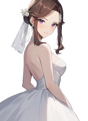 1girl absurdres alternate_hairstyle bare_arms bare_back bare_shoulders blush breasts brown_hair choker commentary_request cowboy_shot dress flower from_side hair_bun hair_flower hair_ornament hair_ribbon highres light_smile lilimaya looking_at_viewer looking_to_the_side medium_breasts parted_bangs parted_lips purple_eyes ribbon rose short_hair short_hair_with_long_locks shoujo_kageki_revue_starlight shoulder_blades simple_background single_hair_bun solo strapless strapless_dress tendou_maya white_background white_choker white_dress white_flower white_ribbon white_rose
