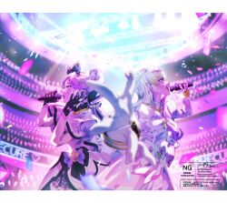 2girls aoi_tete bare_arms bare_shoulders belt_pouch black_gloves black_hair blonde_hair blunt_bangs blurry bracelet braid choker concert confetti cure_kiss cure_zukyuun depth_of_field dress earrings finger_gun frilled_dress frilled_ribbon frilled_skirt frilled_sleeves frills gingham_dress gloves gradient_hair green_hair hair_ornament hair_ribbon hair_tie hair_wings half_gloves heart-shaped_lock heart_shaped_lock highres holding holding_earbud holding_microphone idol in-ear_earphones jewelry kimi_to_idol_precure long_hair mature_female microphone multicolored_hair multiple_earrings multiple_girls music open_mouth parted_bangs pearl_earrings pink_hair pouch precure puffy_short_sleeves puffy_sleeves ribbon ribbon_choker short_sleeves sideways sideways_face signature singing skirt sleeveless stadium stadium_lights stage stage_lights sweat sweatdrop throwing throwing_confetti twin_braids twintails twitter_username upper_body very_long_hair watermark white_gloves wing_hair_ornament wrist_cuffs