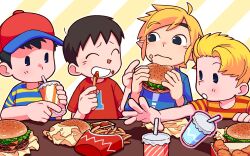 4boys animal_crossing artist_request bad_tag black_hair blonde_hair brown_hair burger chicken_nuggets child cup disposable_cup eating food french_fries hat link lucas_(mother_3) male_focus mother_(series) mother_2 mother_3 multiple_boys ness_(mother_2) nintendo super_smash_bros. the_legend_of_zelda the_legend_of_zelda:_the_wind_waker toon_link villager_(animal_crossing) yaoi