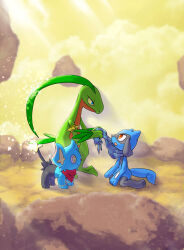 blue_eyes gen_3_pokemon gen_4_pokemon grovyle highres kneeling light_rays looking_at_another neckerchief nintendo open_mouth pokemon pokemon_(creature) pokemon_mystery_dungeon pokemon_mystery_dungeon:_explorers_of_time/darkness/sky red_eyes riolu shinx sky sunbeam sunlight tail tsuyuki_rune yellow_eyes yellow_sky