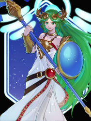 Rule 34 | 1girl, :d, ancient greek clothes, arm shield, armlet, belt, belt buckle, blue background, blue halo, brown belt, buckle, chain, cowboy shot, dress, gold chain, gold necklace, gold trim, greco-roman clothes, green eyes, green hair, halo, highres, holding, holding staff, jewelry, kid icarus, kid icarus uprising, ko iwari ngo, lace trim, long dress, long hair, mature female, middle part, neck ring, necklace, nintendo, open mouth, palutena, red trim, shield, smile, solo, staff, thigh peek, thighhighs, vambraces, very long hair, white dress