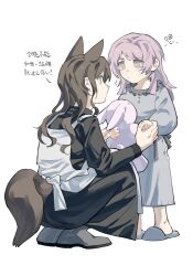 2girls aged_down animal_ears bang_dream! bang_dream!_it&#039;s_mygo!!!!! black_dress brown_hair chihaya_anon chinese_text commission dress fox_ears fox_girl fox_tail grey_dress grey_eyes highres kemonomimi_mode lanserongjie long_hair long_sleeves multiple_girls nagasaki_soyo pink_hair second-party_source sidelocks simple_background tail tearing_up time_paradox translation_request white_background