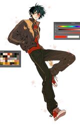 1boy alternate_costume avatar:_the_last_airbender avatar_legends black_hair black_pants brown_jacket burn_scar color_guide elemental_fire_symbol gymnopedies2 highres jacket looking_at_viewer male_focus orange_stripes pants red_shirt red_shoes scar scar_on_face shirt shoes short_hair simple_background sparkle yellow_eyes zuko