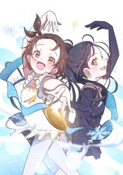 2girls :d arms_up black_dress black_hair black_sleeves brown_hair detached_sleeves dress figure_skating figure_skating_dress giorgio_(yo_sumire_sola1) gold_medal highres kamisaki_hikaru looking_at_viewer medalist_(manga) multiple_girls open_mouth smile white_dress yellow_eyes yuitsuka_inori