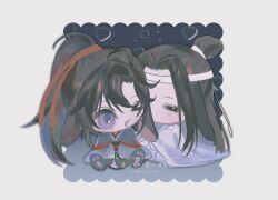 Rule 34 | 2boys, ahoge, animal ears, animal feet, artist name, black hair, black hanfu, chibi, chibi only, chinese clothes, closed eyes, full body, hair ribbon, hanfu, headband, heart, high ponytail, highres, kemonomimi mode, lan wangji, long hair, long sleeves, looking at another, male focus, modao zushi, multiple boys, ojisan rbt, one eye closed, open mouth, ponytail, purple eyes, rabbit boy, rabbit ears, red ribbon, ribbon, robe, sash, simple background, sitting, smile, topknot, twitter username, watermark, wei wuxian, white background, white hanfu, white headband, wide sleeves, yaoi