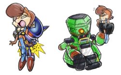 Rule 34 | 1boy, 1girl, ^ ^, animal ears, animal nose, black sclera, blue footwear, blue vest, boots, breasts, brown hair, clenched teeth, closed eyes, colored sclera, commission, e-100 zero, flying, flying sweatdrops, full body, glowing, glowing eyes, highres, humanoid robot, jetpack, knee boots, looking at another, medium breasts, metal sonic, multiple views, non-humanoid robot, open clothes, open mouth, open vest, red eyes, restrained, robot, rockthebull, sally acorn, short hair, simple background, sketch, snout, sonic (series), sonic the hedgehog (archie comics), teeth, vest, white background
