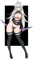 Rule 34 | 1girl, aged up, alternate breast size, alternate hair length, alternate hairstyle, arm at side, arm behind back, arm belt, bandaged arm, bandages, bare hips, bare shoulders, belt, black background, black boots, black garter straps, black panties, boots, breasts, bridal gauntlets, cleavage, cleavage cutout, clothing cutout, commentary request, contrapposto, dagger, double-parted bangs, dual wielding, facial scar, fate/apocrypha, fate (series), from below, full body, garter straps, gloves, gluteal fold, green eyes, grey hair, hair between eyes, highleg, highleg panties, holding, holding dagger, holding knife, holding weapon, jack the ripper (fate/apocrypha), knife, large breasts, legs, long bangs, long hair, long legs, looking at viewer, maria the ripper, messy hair, micro panties, multiple belts, navel, panties, parted lips, partial commentary, revealing clothes, reverse grip, sakura kyuma, scar, scar across eye, scar on cheek, scar on face, shiny skin, shoulder tattoo, simple background, solo, standing, stomach, straight-on, tattoo, thigh belt, thigh boots, thigh strap, thighhigh belt, thighs, two-tone background, underwear, very long hair, weapon, white background