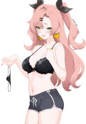 1girl absurdres artist_name bare_shoulders black_bra black_panties black_ribbon black_shorts blush bow bow_bra bra breasts collarbone commentary cowboy_shot dolphin_shorts earrings english_commentary green_eyes hair_ornament hair_ribbon hairclip hand_up heart heart_earrings highres holding holding_panties holding_underwear holding_unworn_clothes jewelry lace lace_bra large_breasts large_variant_set long_hair looking_at_viewer mole mole_on_breast mole_on_thigh mole_under_eye multicolored_nails multiple_moles nail_polish navel nicole_demara no_shirt open_mouth panties penguin_uwu pink_hair pink_nails purple_nails ribbon shorts simple_background smile solo stomach twintails underwear unworn_panties variant_set white_background yellow_nails zenless_zone_zero