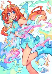 1girl ahoge akuo bare_legs bare_shoulders bloom_(winx_club) blue_arm_warmers blue_boots blue_eyes blue_fire blue_shirt blue_skirt blue_wings boots bug butterfly commentary crop_top english_commentary eyelashes fairy fairy_wings fiery_background fire floating_clothes floating_hair foot_out_of_frame gold_tiara grin hair_between_eyes halter_shirt halterneck happy high_heel_boots high_heels insect knees leg_up lipstick long_hair magical_girl makeup midriff miniskirt navel orange_hair pink_fire pink_lips pyrokinesis shirt skirt skirt_set smile solo tareme tiara turtleneck turtleneck_shirt twitter_username watermark white_background wings winx_club yellow_butterfly