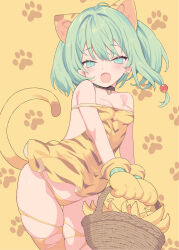 1girl animal_ears banana basket black_choker blade_(galaxist) breasts cat_ears cat_girl cat_tail cham_cham choker cowboy_shot dress earrings extra_ears fang food fruit green_eyes green_hair highres holding holding_basket jewelry looking_at_viewer medium_breasts open_mouth paid_reward_available panties paw_print paw_print_background samurai_spirits simple_background skin_fang solo tail thighhighs torn_clothes torn_thighhighs underwear yellow_background yellow_dress yellow_panties yellow_thighhighs