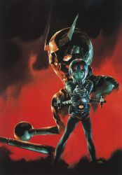 1980s_(style) 2boys aiming aiming_at_viewer amuro_ray belt bodysuit char_aznable closed_mouth gloves gun gundam handgun helmet highres holding holding_gun holding_weapon jacket looking_at_viewer male_focus mask mobile_suit_gundam multiple_boys official_art oldschool pilot_suit pistol retro_artstyle science_fiction serious solo standing traditional_media weapon yasuhiko_yoshikazu