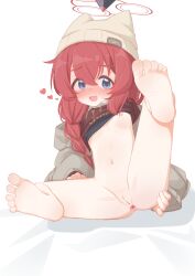 1girl :d absurdres anus beanie black_bra blue_archive blue_eyes blush bottomless bra bra_lift braid chinese_commentary cleft_of_venus clothes_lift fang full_body glyphsss grey_jacket halo hat heart highres jacket large_variant_set leg_up loli long_hair long_sleeves maki_(blue_archive) maki_(camp)_(blue_archive) navel open_mouth pussy red_hair red_halo red_sweater smile solo sweat sweater sweater_lift uncensored underwear variant_set