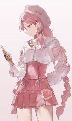 1girl absurdres beret braid cellphone character_request copyright_request gradient_background hat highres holding holding_phone long_hair long_sleeves mac_star phone pink_background pink_hair pink_skirt skirt solo sweater thighs twin_braids white_hat white_sweater
