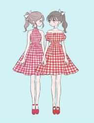 Rule 34 | 2girls, blue background, bow, brown hair, color coordination, dress, earrings, frills, gingham, gingham dress, hair bow, hairstyle coordination, highres, jewelry, look-alike, mary janes, matching hairstyle, matching outfits, multiple girls, necklace, off shoulder, original, outfit connection, outfit coordination, pearl necklace, plaid clothes, plaid dress, ponytail, puffy short sleeves, puffy sleeves, red dress, red footwear, rikuwo, shoes, short sleeves, siblings, simple background, sleeveless, sleeveless dress, twins, white bow