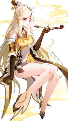 1girl absurdres bare_shoulders black_gloves black_shoes china_dress chinese_clothes chinese_hairpin closed_mouth commentary detached_sleeves dress elbow_gloves english_commentary full_body genshin_impact gloves grey_hair hair_ornament high_heels highres holding holding_smoking_pipe invisible_chair long_hair looking_at_viewer ningguang_(genshin_impact) red_eyes shoes short_sleeves simple_background sitting smile smoking_pipe solo tassel tassel_hair_ornament thighs white_dress wuzhihuijia