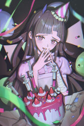 Rule 34 | 1girl, absurdres, apron, bandaged arm, bandages, birthday, birthday cake, blush, cake, civiliron, commentary, confetti, danganronpa (series), danganronpa 2: goodbye despair, eyelashes, food, fruit, hat, highres, long hair, open mouth, own hands together, party hat, pink shirt, purple eyes, purple hair, scissors, shirt, short sleeves, smile, solo, sprinkles, strawberry, streamers, striped hat, surgical scissors, syringe, tearing up, tsumiki mikan, two-tone hat, white apron