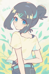 1girl :o belt blue_eyes eyelashes hair_bun hair_ornament hairclip haru_(haruxxe) highres leaf light_blush liko_(pokemon) looking_back nintendo pokemon pokemon_(anime) pokemon_horizons shirt short_sleeves shorts solo swept_bangs twitter_username undershirt