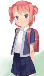 Rule 34 | 1girl, backpack, bag, blue jacket, blue skirt, closed mouth, collared shirt, commentary request, cowboy shot, flat chest, highres, jacket, looking at viewer, miniskirt, original, paid reward available, pink hair, pleated skirt, purple eyes, randoseru, red bag, shirt, short hair, short sleeves, skirt, smile, solo, two side up, variant set, watermark, white shirt, yone kinji
