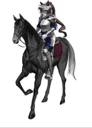 1girl animal_ears armor blue_eyes blue_pants blue_shirt breastplate brown_hair covered_mouth ears_through_headwear elbow_pads faulds full_body gauntlets greaves helm helmet highres horse horse_ears horseback_riding hukurou96 long_hair looking_at_viewer pants ponytail riding shirt solo tokai_teio_(racehorse) tokai_teio_(umamusume) umamusume white_background
