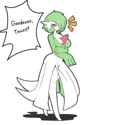 1girl blush bob_cut breasts colored_skin dress gardevoir gen_3_pokemon green_hair green_skin hair_over_one_eye highres multicolored_skin nintendo pink_eyes pokemon pokemon_(creature) simple_background speech_bubble tod_d two-tone_skin white_background white_dress white_skin