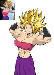 1girl aqua_eyes armpits arms_up bare_shoulders blonde_hair breasts caulifla cleavage cosplay dragon_ball dragon_ball_super female_focus flexing giulia_valeriani large_breasts looking_at_viewer matchstickman medium_hair moonchild_77 muscular muscular_female navel solo spiked_hair strapless super_saiyan tube_top