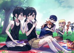 2boys 5girls :d ankle_socks antenna_hair armpits aubrey_(faraway)_(omori) aubrey_(omori) ball banana bare_arms bare_shoulders baseball_bat basil_(faraway)_(omori) basil_(omori) basket basketball_(object) bento black_eyes black_hair black_shoes black_tank_top black_thighhighs blonde_hair blue_hair blue_shirt blue_shorts book braid bright_pupils brother_and_sister brown_hair brown_pants brown_skirt camera closed_eyes closed_mouth collarbone collared_shirt commentary_request dappled_sunlight day dot_mouth double-parted_bangs dual_persona dutch_angle elbow_carry empty_eyes expressionless feet_out_of_frame fingernails flat_chest flower food fruit full_body genderswap genderswap_(ftm) genderswap_(mtf) green_hat green_sweater_vest grey_pants hair_between_eyes hair_flower hair_ornament hairclip hat hatching_(texture) heart hero_(faraway)_(omori) hero_(omori) highres holding holding_ball holding_baseball_bat holding_bento holding_camera holding_food hug kel_(faraway)_(omori) kel_(omori) kneehighs knees_up long_hair looking_at_another looking_at_viewer low_twintails mari_(faraway)_(omori) mari_(omori) medium_hair midriff miniskirt multiple_boys multiple_girls nail nail_(hardware) nail_bat no_pupils no_shoes omori omori_(omori) on_grass onigiri open_mouth orange_shoes orange_shorts orange_tank_top outdoors over-kneehighs pants picnic_basket picnic_blanket pink_flower pleated_skirt profile running seiza shirt shoes short_hair short_sleeves shorts siblings side_braid sideways_mouth single_braid sisters sitting skirt smile socks standing standing_on_one_leg striped_clothes striped_shorts sunlight sunny_(omori) sweater_vest tank_top thighhighs tree twintails u_u unworn_shoes vertical-striped_clothes vertical-striped_shorts very_short_hair white_pupils white_shirt white_shorts white_socks yutsu
