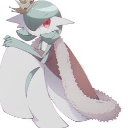 Rule 34 | bob cut, cape, colored skin, crown, dress, fur-trimmed cape, fur trim, gardevoir, gen 3 pokemon, green hair, green skin, hair over one eye, highres, multicolored skin, narumiya pkmn, nintendo, pokemon, pokemon (creature), red cape, red eyes, signature, simple background, two-tone skin, white background, white dress, white skin