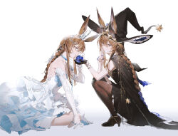 Rule 34 | 2girls, ambience synesthesia, amiya (ambience synesthesia 2025) (arknights), amiya (arknights), amiya (medic) (arknights), amiya (medic) (solo around the world) (arknights), animal ears, aqua eyes, arknights, bare shoulders, black dress, black gloves, black hair, black hat, black pantyhose, blue apple, blue hair, braid, brown hair, crown, dress, dual persona, ears through headwear, elbow gloves, extra ears, finger to mouth, food, from side, fruit, gloves, hair ornament, hashtag-only commentary, hat, highres, holding, holding food, holding fruit, index finger raised, jewelry, kneeling, liyu li, long hair, mini crown, multicolored hair, multiple girls, multiple rings, official alternate costume, pantyhose, rabbit ears, rabbit girl, ring, shushing, sidelocks, simple background, single braid, squatting, strapless, strapless dress, two-tone hair, very long hair, white dress, white gloves, witch hat
