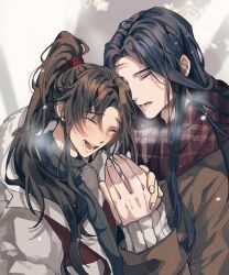 2boys alternate_costume alternate_universe black_hair black_sweater blush breath brown_coat brown_hair closed_eyes coat contemporary couple fur-trimmed_coat fur_trim high_ponytail holding_hands lan_wangji long_hair long_sleeves male_focus modao_zushi multiple_boys open_mouth parted_bangs ponytail red_scarf ronpu_cooing scarf sidelocks smile snow snowflakes snowing sweater turtleneck upper_body wei_wuxian white_coat winter winter_clothes yaoi