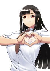 1girl absurdres black_hair blunt_bangs breasts closed_mouth covered_erect_nipples heart heart-shaped_boob_challenge heart_hands highres kantou_rengou large_breasts long_hair necktie nue_(nue_no_onmyouji) nue_no_onmyouji red_eyes school_uniform smile solo