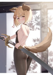 1girl animal_ears ass backless_outfit blonde_hair blush bodystocking braid breasts brown_eyes dog_ears dog_tail erune from_side granblue_fantasy hair_ribbon highres holding holding_sheath holding_sword holding_weapon kimblee looking_at_viewer looking_to_the_side ribbon sheath short_hair small_breasts solo standing sword tail unsheathing vajra_(granblue_fantasy) weapon