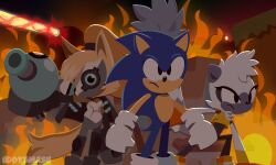 1boy 2girls artist_name commentary eddysmash2407 english_commentary fire furry gloves hedgehog_boy highres lemur_girl multiple_girls sonic_(series) sonic_forces sonic_the_hedgehog sonic_the_hedgehog_(idw) tangle_the_lemur whisper_the_wolf white_gloves wolf_girl