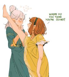 2girls absurdres aqua_dress asimov_(spindle_(aidenr0)) commentary dress elf english_commentary english_text flying_sweatdrops foot_kabedon grabbing_another&#039;s_chin green_hairband hair_bun hairband hand_on_another&#039;s_chin heart highres jitome kabedon long_hair looking_at_another medium_hair multiple_girls open_mouth orange_hair original ottilie_(spindle_(aidenr0)) parted_lips pointy_ears short_sleeves simple_background spindle_(aidenr0) three-quarter_sleeves white_background white_hair yellow_dress yuri