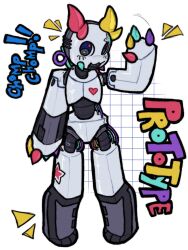 1boy :3 android cable character_name claws full_body hand_up highres horns male_focus mask multicolored_horns notice_lines nub_tail_boi open_mouth prototype_(regretevator) regretevator roblox short_hair smile solo white_background