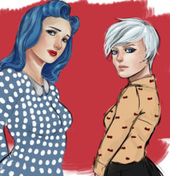 2girls alternate_costume alternate_hairstyle artist_request blue_eyes blue_hair bow_print eyeliner fairy_tail juvia_lockser lipstick lisanna_strauss long_sleeves looking_at_viewer makeup multiple_girls over_shoulder pixie_cut polka_dot polka_dot_shirt red_lips red_theme shirt source_request victory_rolls white_hair