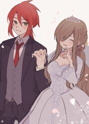 1boy 1girl absurdres alternate_costume aomattya black_jacket black_pants black_suit blush breasts brown_hair closed_eyes couple cowboy_shot dress falling_petals formal_clothes green_eyes grey_vest hair_between_eyes hair_over_one_eye highres holding_hands interlocked_fingers jacket jewelry long_hair long_sleeves luke_fon_fabre medium_breasts necklace necktie pants parted_lips petals pink_petals protected_link red_hair red_necktie short_hair sidelocks smile suit tales_of_(series) tales_of_the_abyss tear_grants tiara vest wedding_dress white_dress