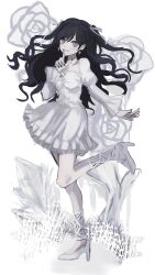 1girl akai_ringo_(eveyuno) black_nails dress finger_to_mouth frilled_dress frills hair_ribbon highres long_sleeves looking_at_viewer original ribbon shushing standing standing_on_one_leg white_background white_dress