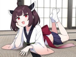 1girl :d ahoge brown_hair indoors japanese_clothes kimono lying on_stomach open_mouth red_eyes smile soles solo suuchi_maigo_(nan) tabi tatami touhoku_kiritan voiceroid