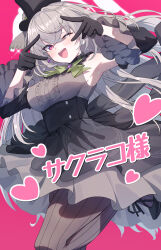 1girl absurdres akazaki_yukino armpits black_dress black_gloves black_hat blue_archive brown_pantyhose commentary crossed_bangs detached_sleeves double_v dress gloves grey_hair hat highres long_hair official_alternate_costume one_eye_closed open_mouth pantyhose pink_background purple_eyes sakurako_(blue_archive) sakurako_(idol)_(blue_archive) solo standing standing_on_one_leg striped_clothes striped_pantyhose sweat teeth translation_request upper_teeth_only v vertical-striped_clothes vertical-striped_pantyhose wide_sleeves