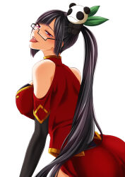 1girl arc_system_works artist_request ass bare_shoulders black_hair blazblue breasts china_dress chinese_clothes dress female_focus glasses hair_ornament highres large_breasts litchi_faye_ling long_hair panda_hair_ornament ponytail purple_eyes red_dress semi-rimless_eyewear simple_background solo tongue tongue_out very_long_hair white_background