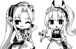 2girls alternate_costume ayanami_(azur_lane) azur_lane azur_lane:_slow_ahead black_gloves chibi chibi_only elbow_gloves enmaided gloves greyscale hammer high_ponytail holding holding_hammer hori_(hori_no_su) maid maid_headdress monochrome multiple_girls official_alternate_costume one_eye_closed ponytail simple_background vanguard_(azur_lane) vanguard_(half-hearted_masquerade)_(azur_lane) white_background