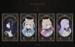 4girls :&lt; :3 animal_ears bandaid bandaid_hair_ornament bilingual_commentary black_gloves black_hair black_vest blonde_hair blue_hair blue_hairband cape card_(medium) character_name claw_(weapon) closed_mouth collared_cape collared_shirt colored_inner_hair commentary copyright_notice crossed_bangs detached_wings dog_ears dog_girl double-parted_bangs dress_shirt english_commentary enigmatic_recollection flower_knot fortissimo fuwawa_abyssgard fuwawa_abyssgard_(1st_costume) gloves gradient_hair hair_between_eyes hair_flaps hair_ornament hairband hairclip hand_up hololive hololive_english horn_hairband jewel_under_eye koseki_bijou koseki_bijou_(1st_costume) language_commentary long_hair metal_wings mixed-language_commentary mococo_abyssgard mococo_abyssgard_(1st_costume) mokoppe mole mole_under_eye multicolored_hair multiple_girls musical_note musical_note_hair_ornament nerissa_ravencroft nerissa_ravencroft_(1st_costume) official_art parted_lips pink_eyes pink_hair pink_hairband purple_eyes purple_hair red_eyes ribbed_shirt shirt short_hair siblings sidelocks sisters slit_pupils streaked_hair tarot tarot_(medium) tassel tassel_hair_ornament twins two_side_up vest virtual_youtuber weapon white_cape white_shirt wings x_hair_ornament