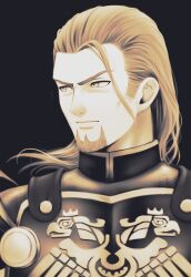 1boy armor black_background cheekbones closed_mouth commentary_request dragon_quest dragon_quest_xi facial_hair floating_hair greig_(dq11) greyscale hair_slicked_back knight long_hair looking_to_the_side male_focus monochrome okechinchin single_bang solo upper_body
